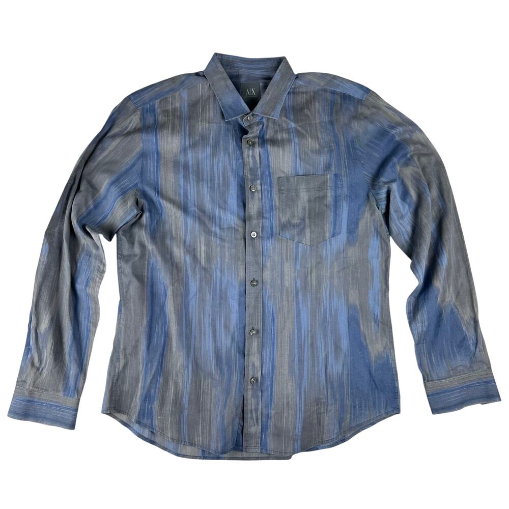 Armani Exchange Shirt Mens Large Blue Gray pattern Hidden Button Euro Fabric